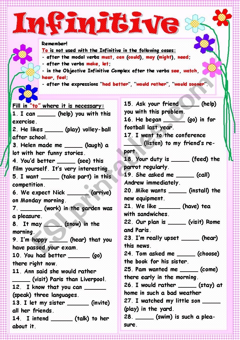 Infinitive ESL Worksheet By Tmk939 Infinitive ESL Worksheet By Tmk939