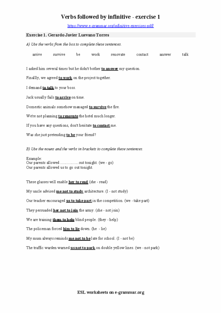 Infinitive exercise 1 Arrive Survive Be Work Renovate Contact 