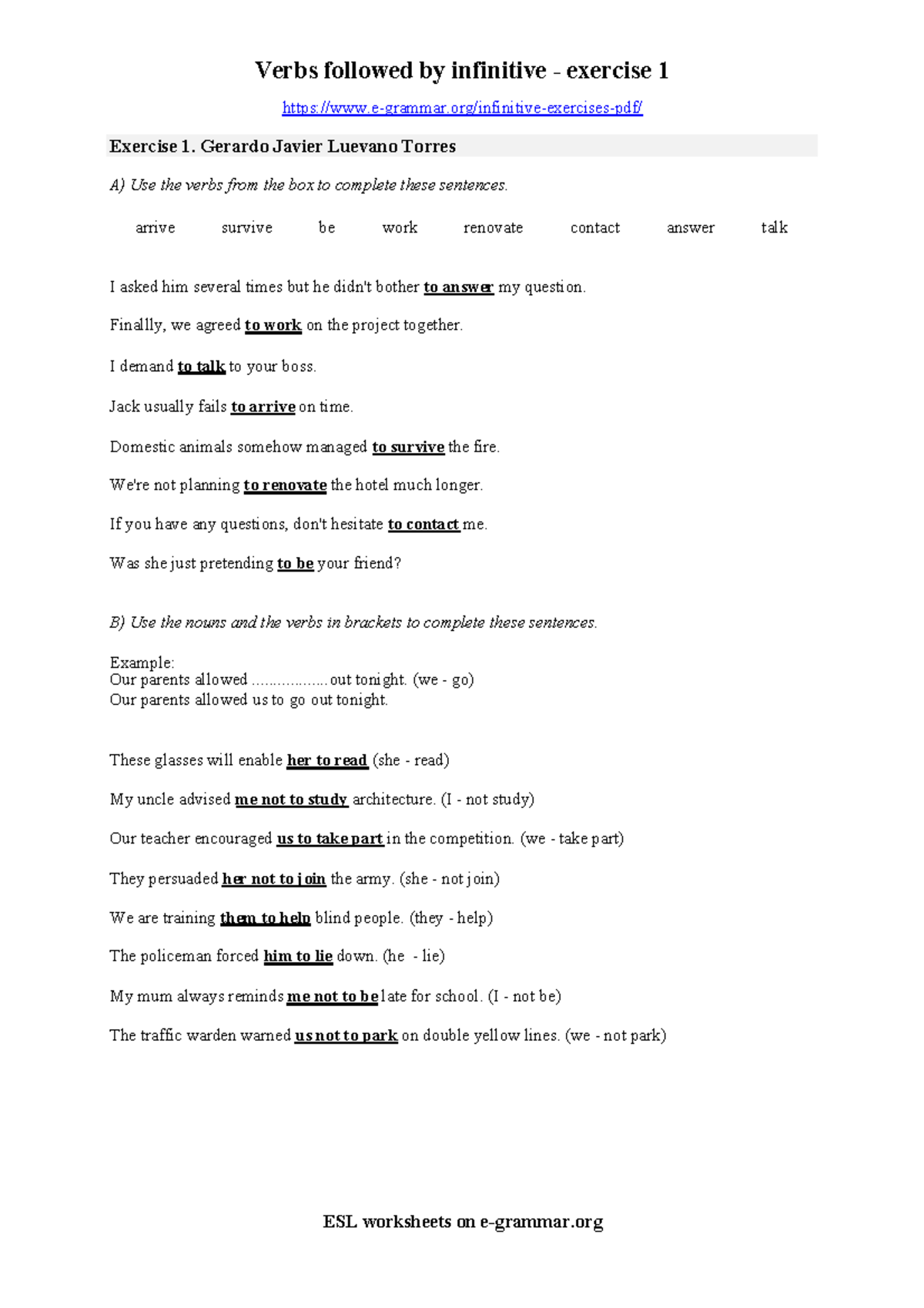 Infinitive exercise 1 Arrive Survive Be Work Renovate Contact 