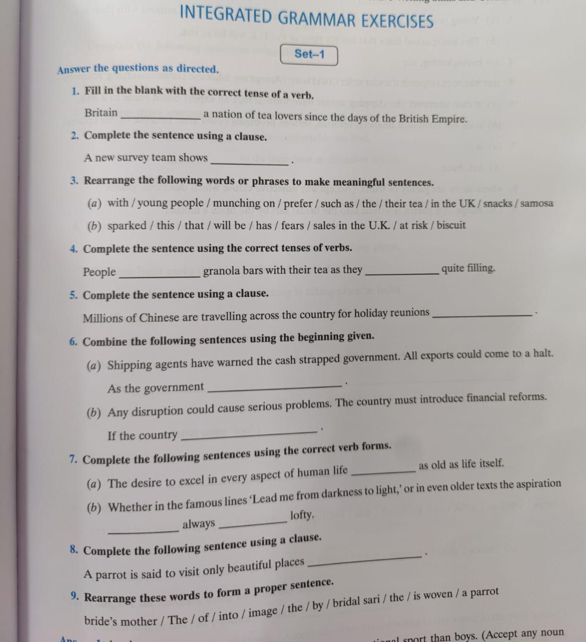 INTEGRATED GRAMMAR EXERCISES Set 1 Answer The Questions As Directed Fill 