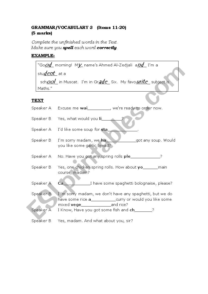 Integrated Grammar Vocabulary ESL Worksheet By Muneera139