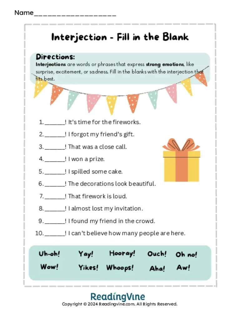 Interjection Worksheets ReadingVine