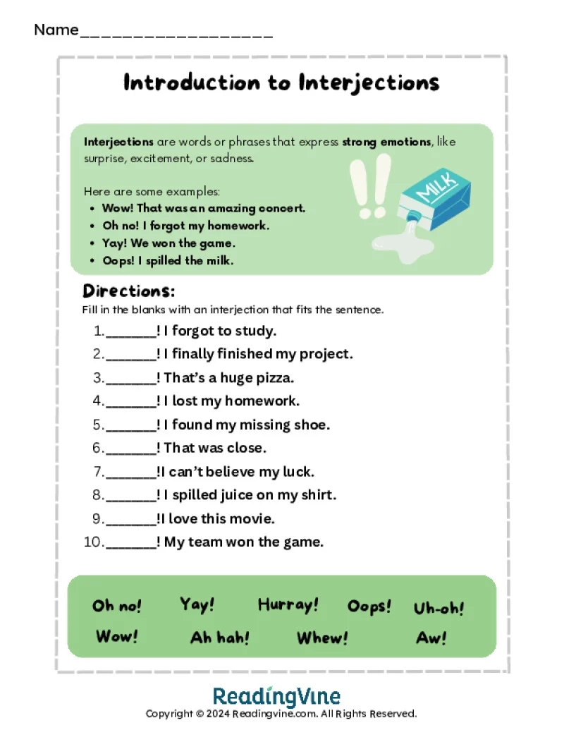 Interjection Worksheets ReadingVine Interjection Worksheets ReadingVine