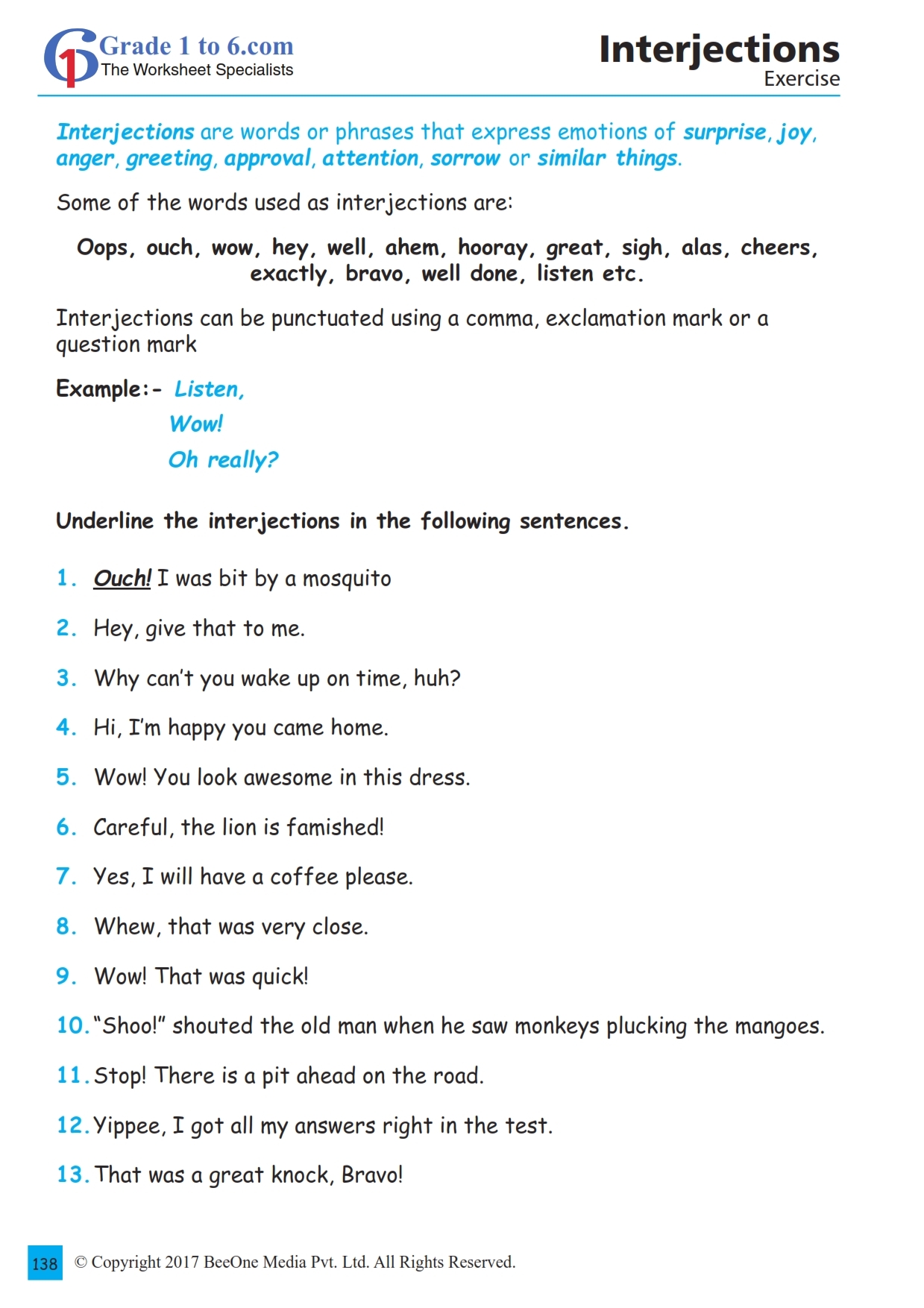 Interjections Exercises Class 6 Examples And Worksheet