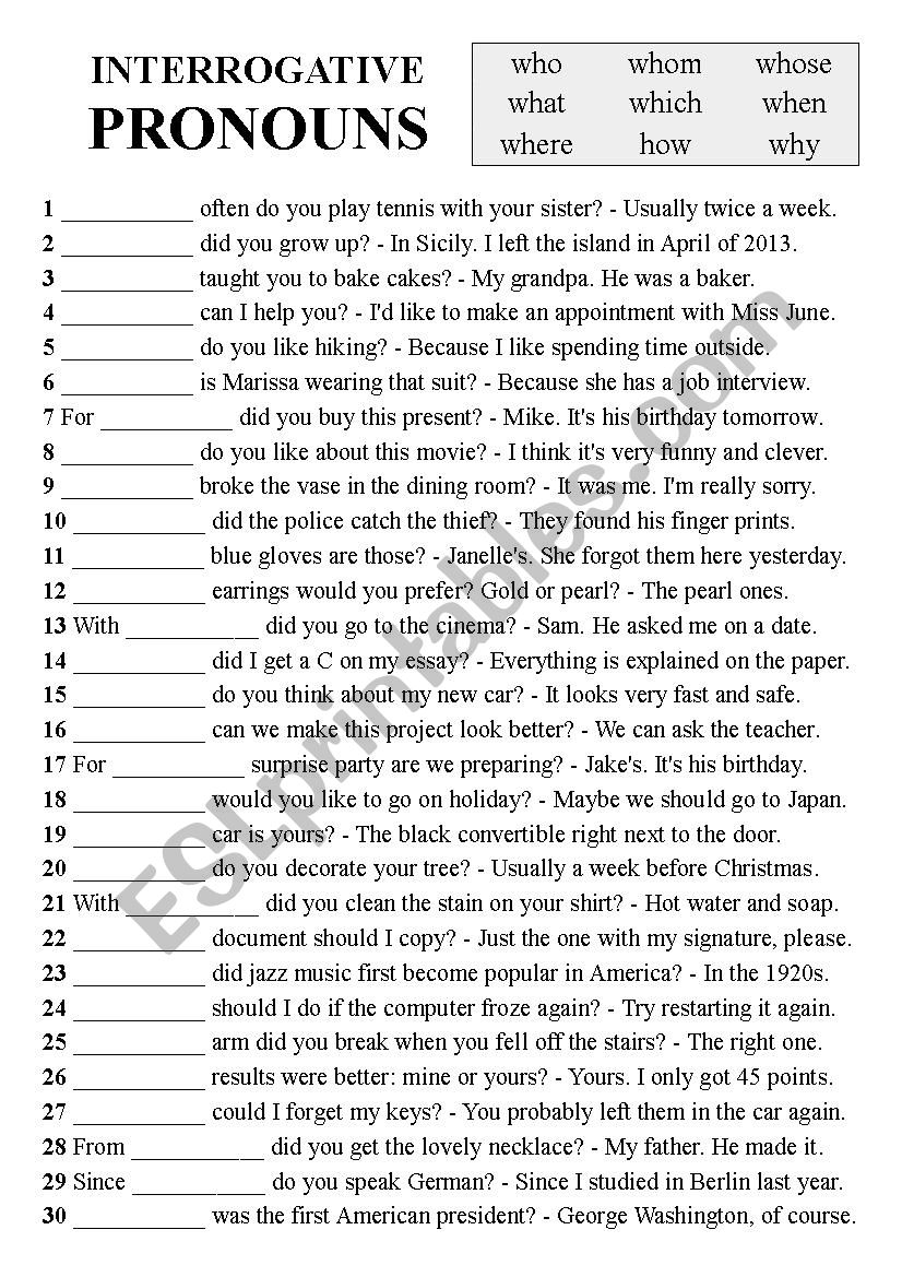 Interrogative Pronouns answer Key ESL Worksheet By EvaLore Interrogative Pronouns answer Key ESL Worksheet By EvaLore
