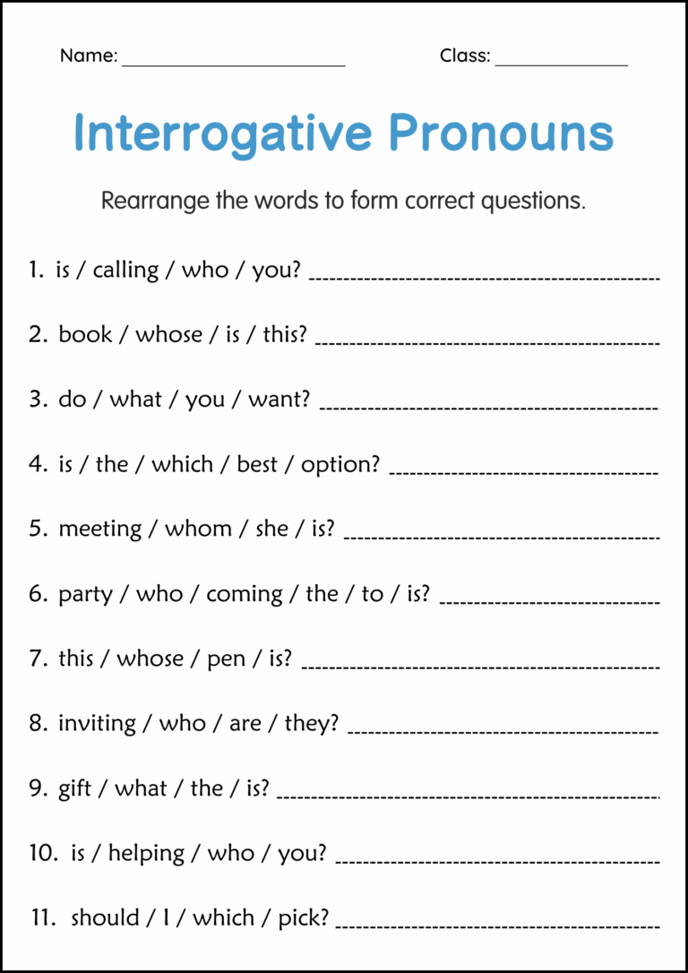 Interrogative Pronouns Grammar Activity Worksheets For Grade 1 2 3 Made By Teachers