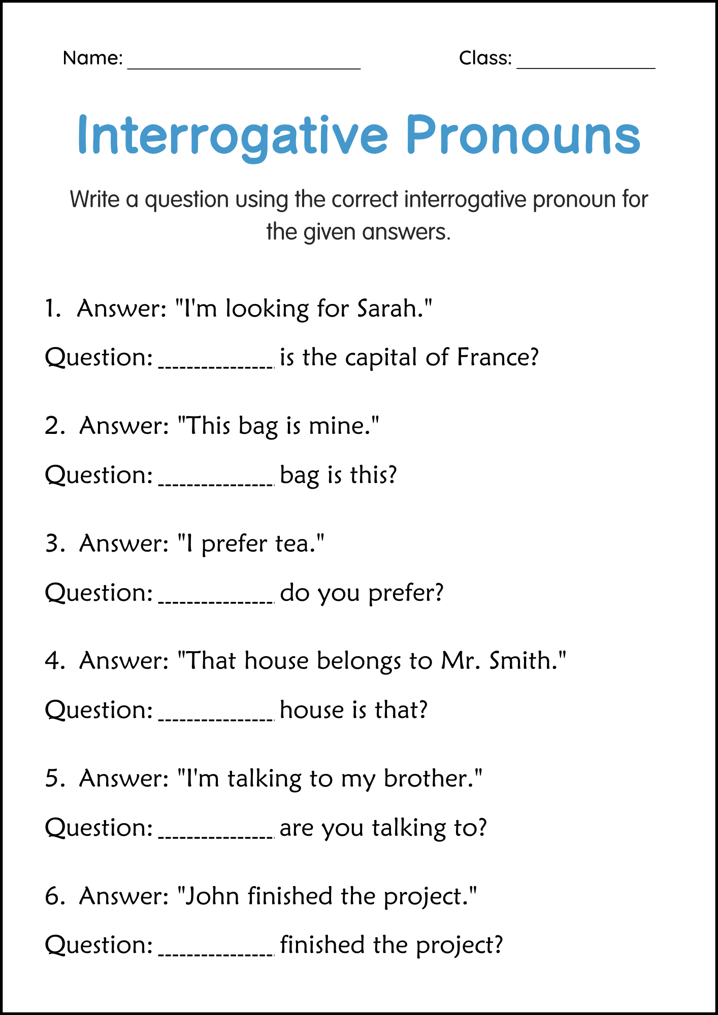 Grammar Pronouns Worksheets
