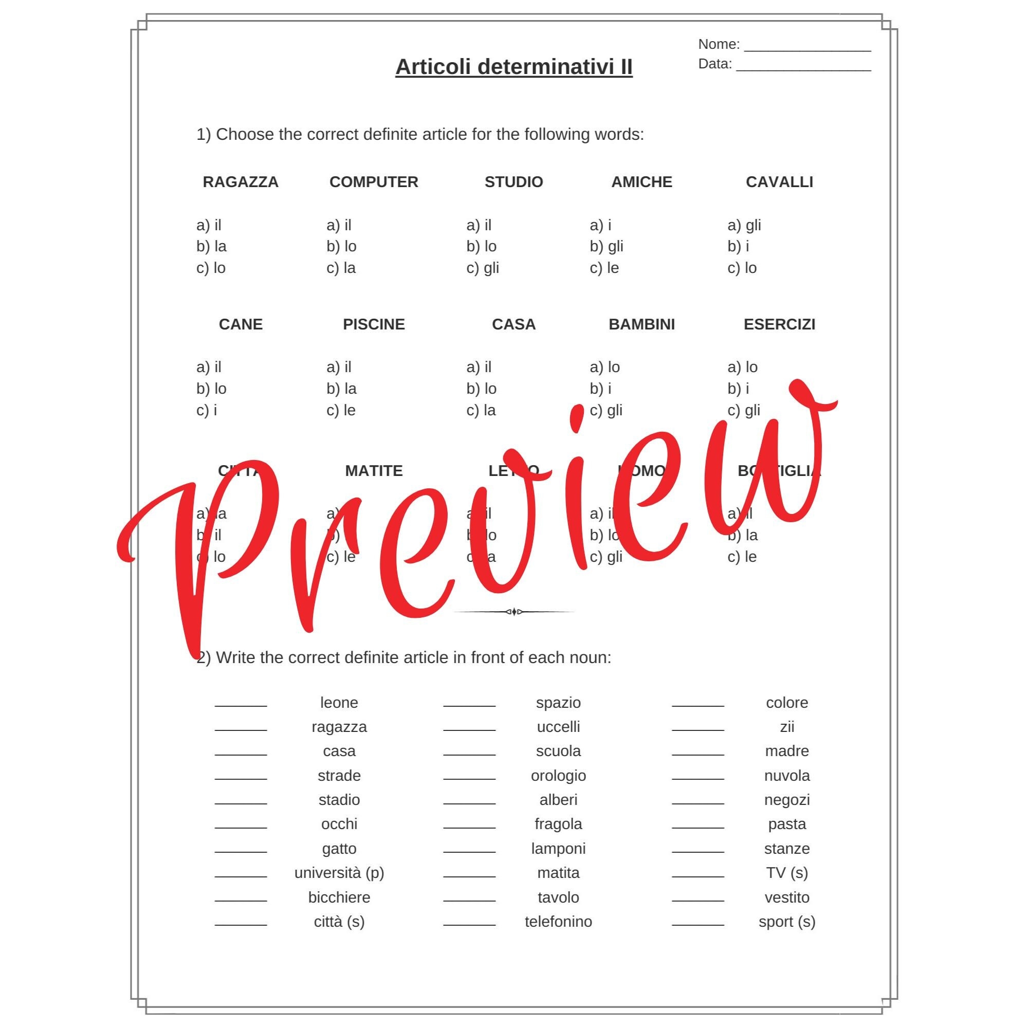 ITALIAN Definite Article Grammar Worksheets Articoli Determinativi Exercises Learn Italian Grammar PDF Download Etsy
