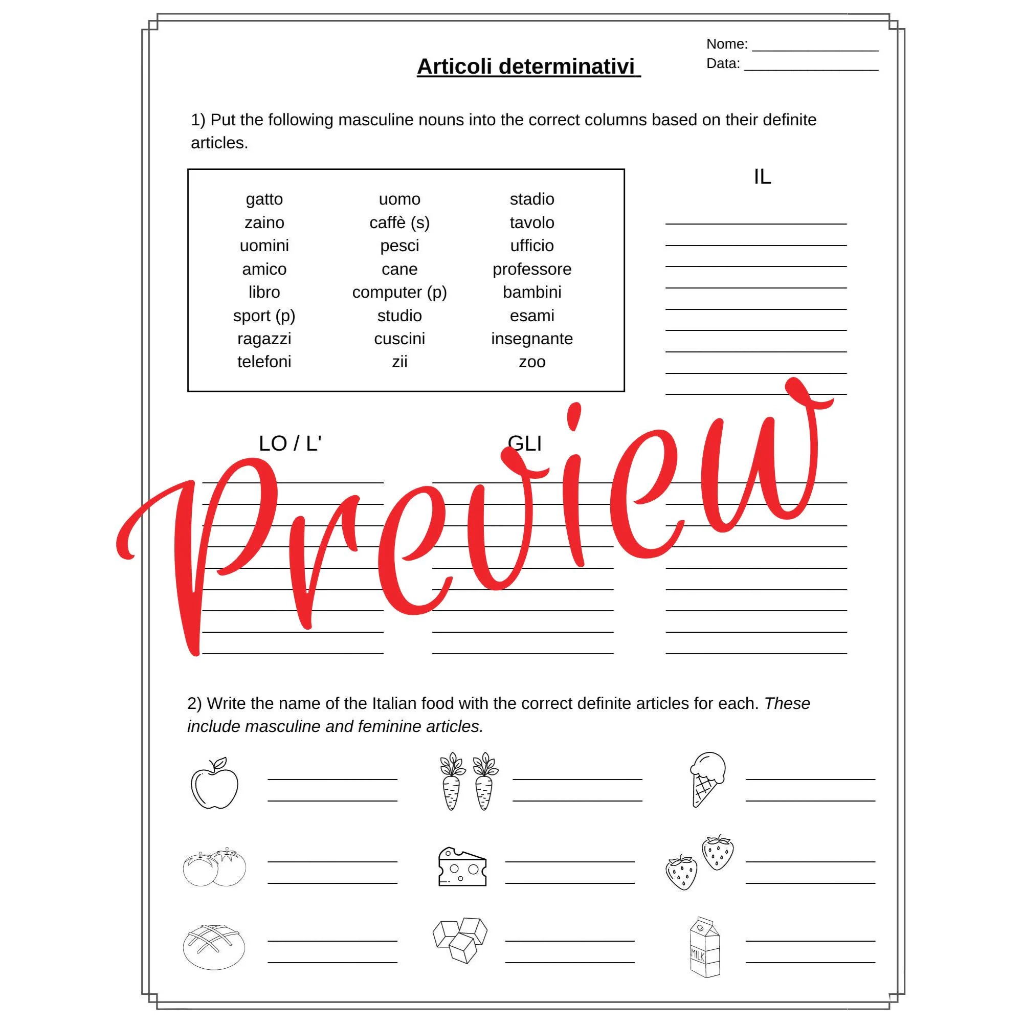 ITALIAN Definite Article Grammar Worksheets Articoli Determinativi Exercises Learn Italian Grammar PDF Download Etsy