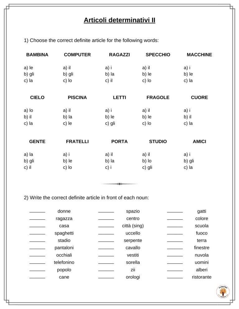 Italian Definite Articles Worksheets Articoli Determinativi Free Printable Download The Happy Maple Language Co