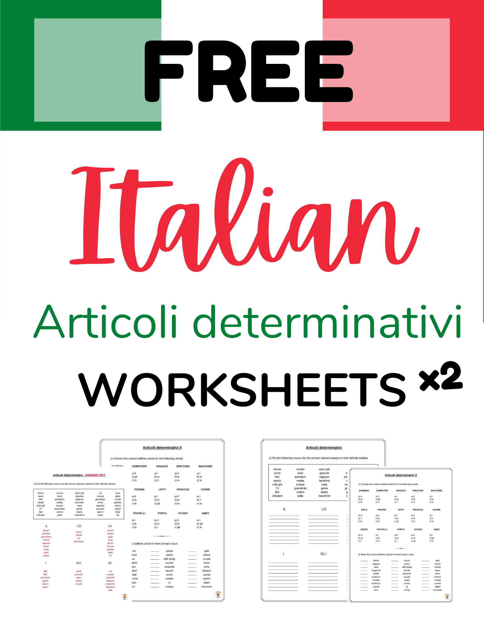 Italian Grammar Articles Worksheets