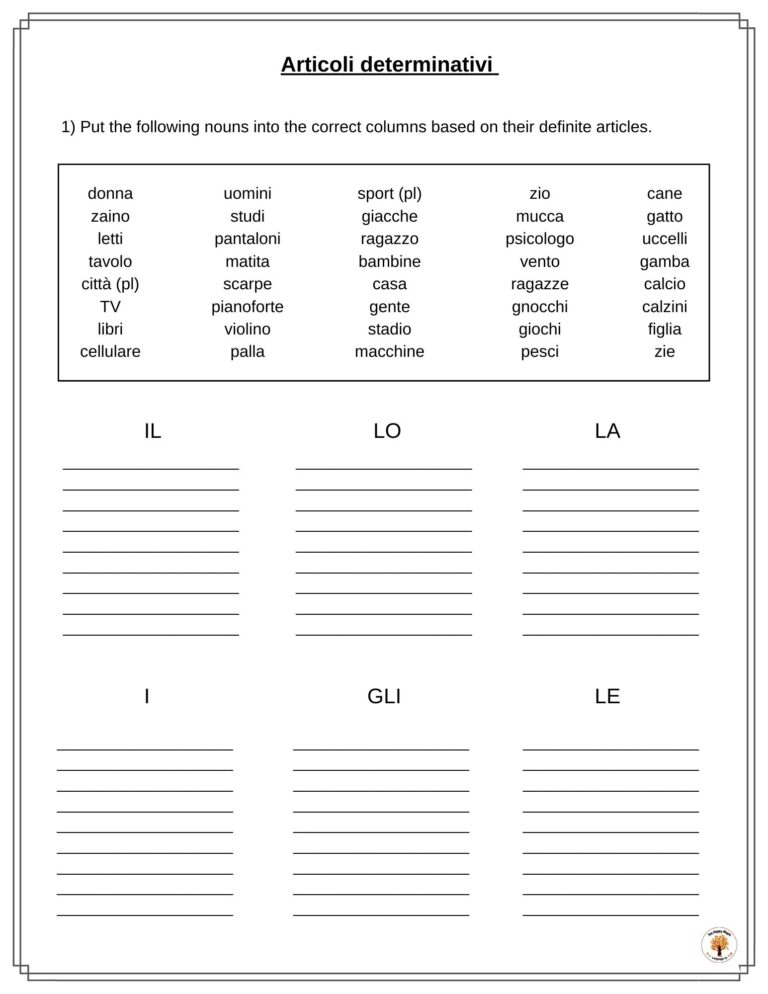 Italian Definite Articles Worksheets Articoli Determinativi Free Printable Download The Happy Maple Language Co