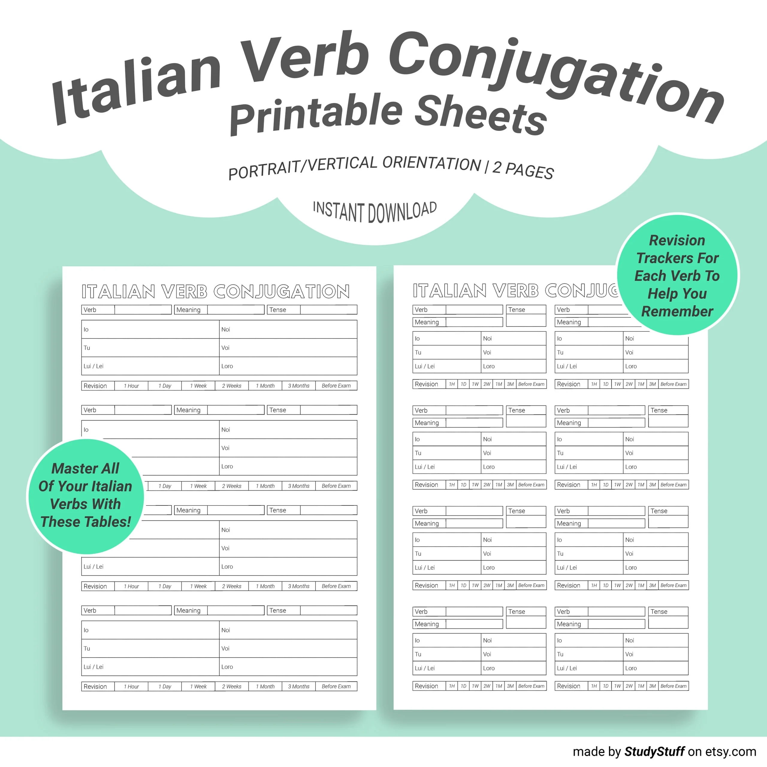 Italian Language Verb Conjugation Practice Worksheets Printable Coniugazione Verbo Italiano Instant Download Etsy