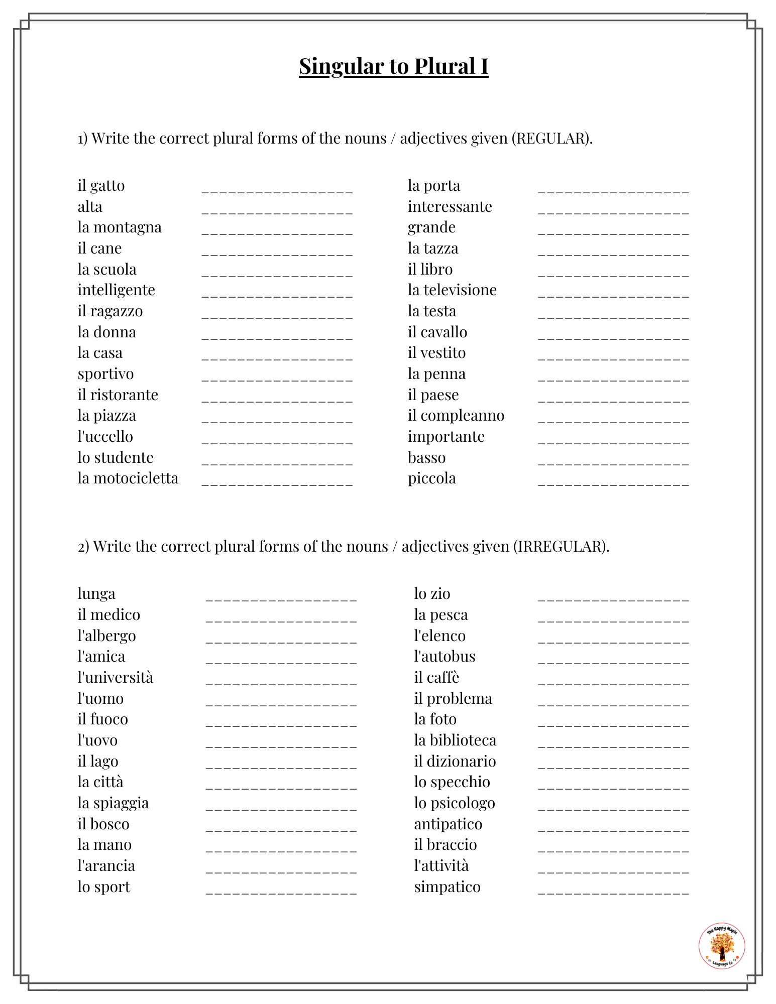 Italian Singular To Plural Worksheets Free Printable Download The Happy Maple Language Co