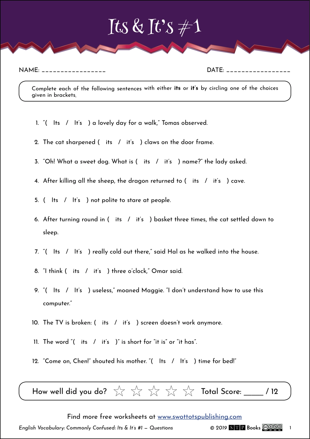 Its And It s English Worksheet 01 STP Books