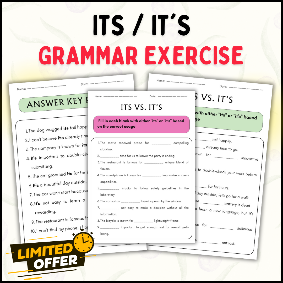 Its Or It s Grammar Exercise Worksheets Editable PPT And PDF Key Made By Teachers
