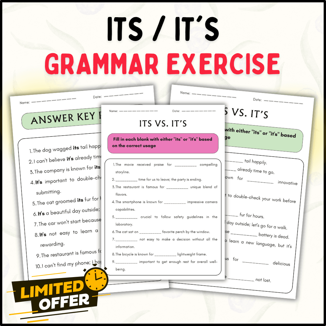 Its Vs It s Grammar Exercise Worksheets With Answer Key Master Possessives U0026 Contractions 