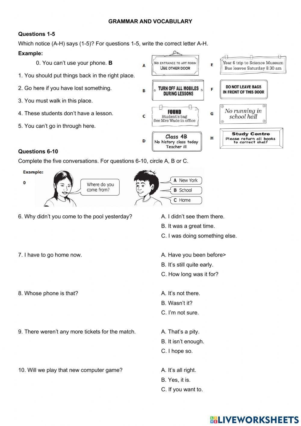 KET Test Gramma Free Interactive Worksheets 1828844
