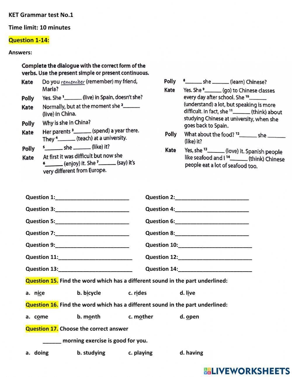 KET Unit 1 Gram Free Interactive Worksheets 1287201