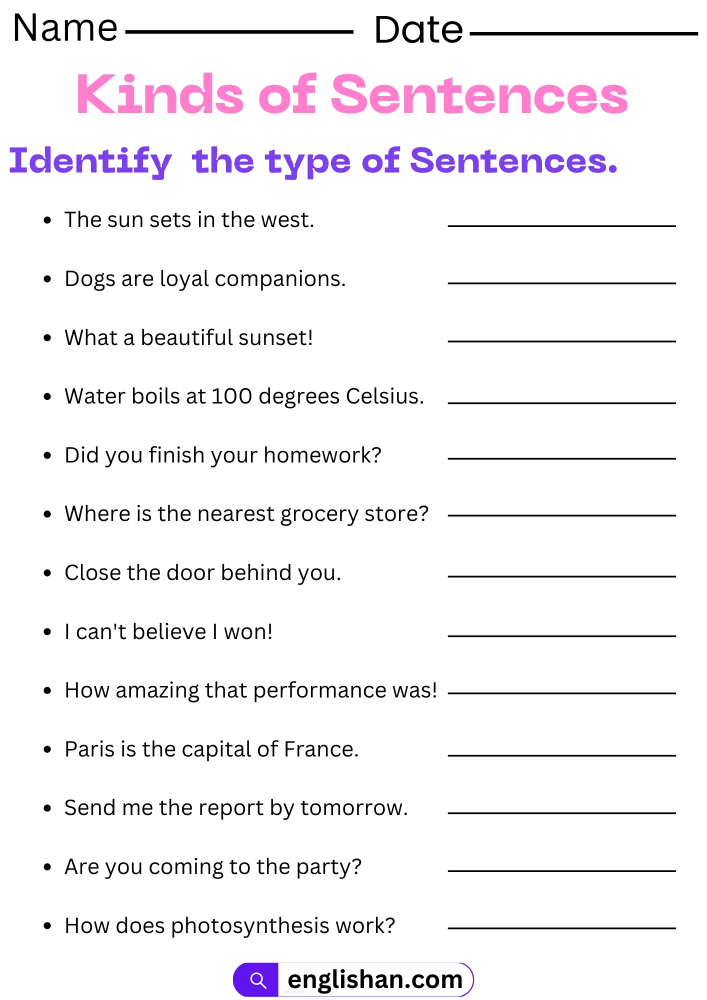 Kinds Of Sentences Worksheets And Exercises With Answers Kinds Of Sentences Worksheets And Exercises With Answers