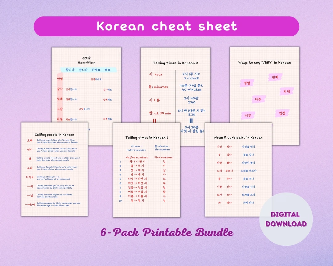 Korean Cheat Sheet Useful Korean Language Korean Time In Korean Honorifics Learn Korean Template Worksheet Korean Practice Korean Writing Etsy