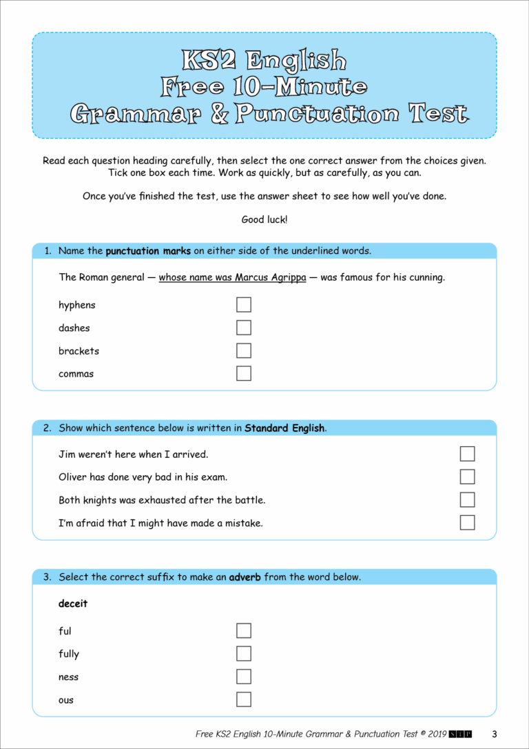 KS2 SATs FREE 10 Minute Test Grammar Punctuation SPaG Year 6 Teaching Resources