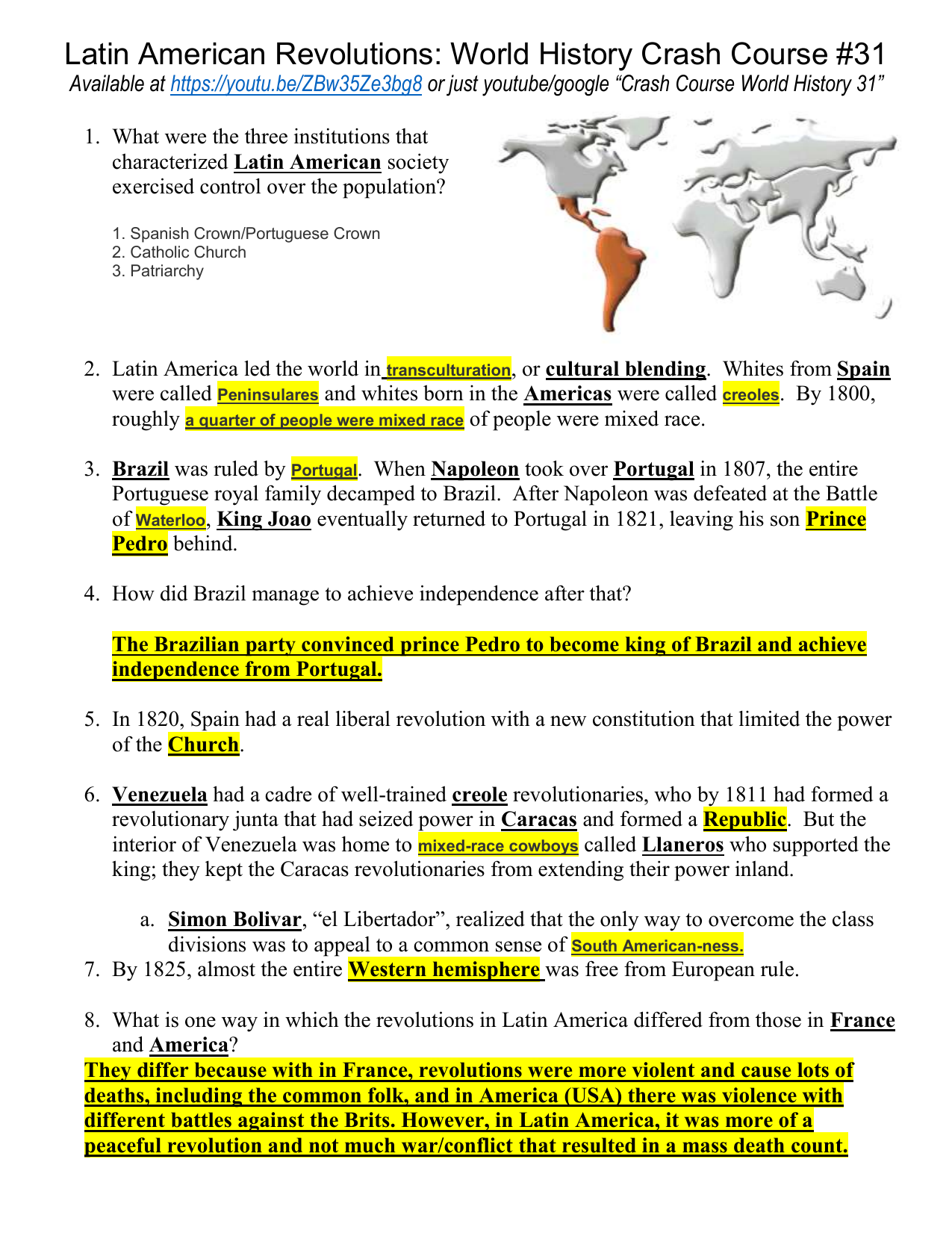 Latin American Revolutions Worksheet