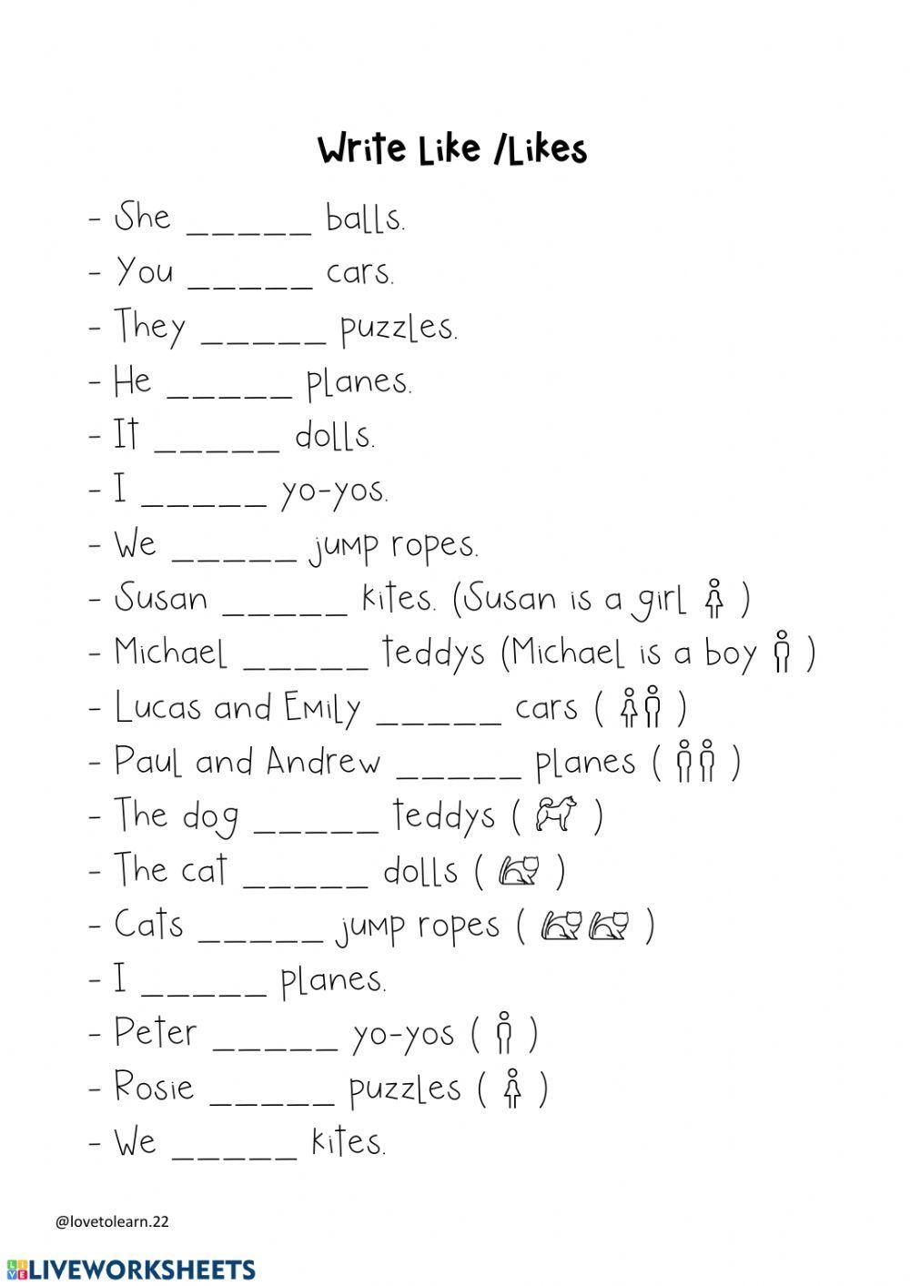Like Likes Free Interactive Worksheets 100511