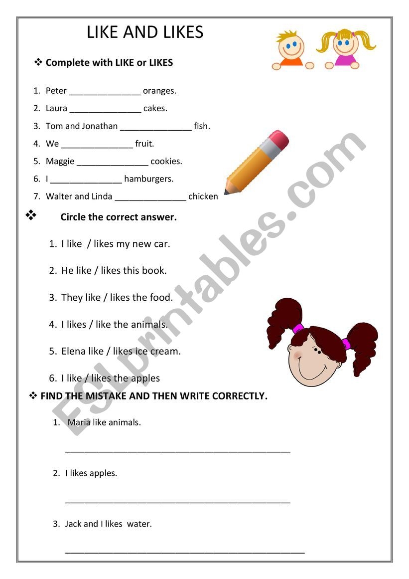 LIKE OR LIKES ESL Worksheet By YaniLau