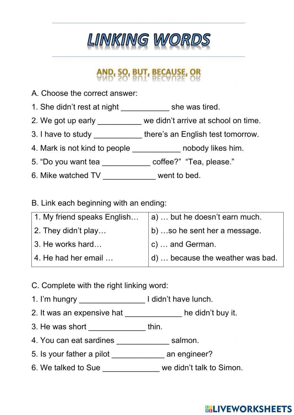 Linking Words Free Interactive Worksheets 1828404