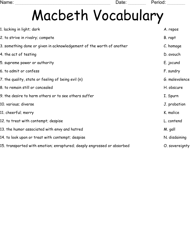 Macbeth Vocabulary Worksheet WordMint