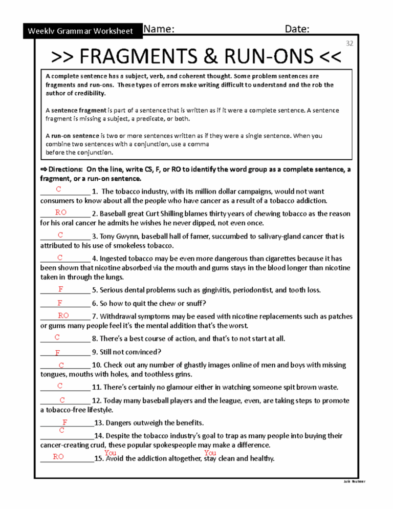 Madison Sauceman Fragments And Run ons Worksheet A Complete Sentence Has A Subject Verb And Studocu