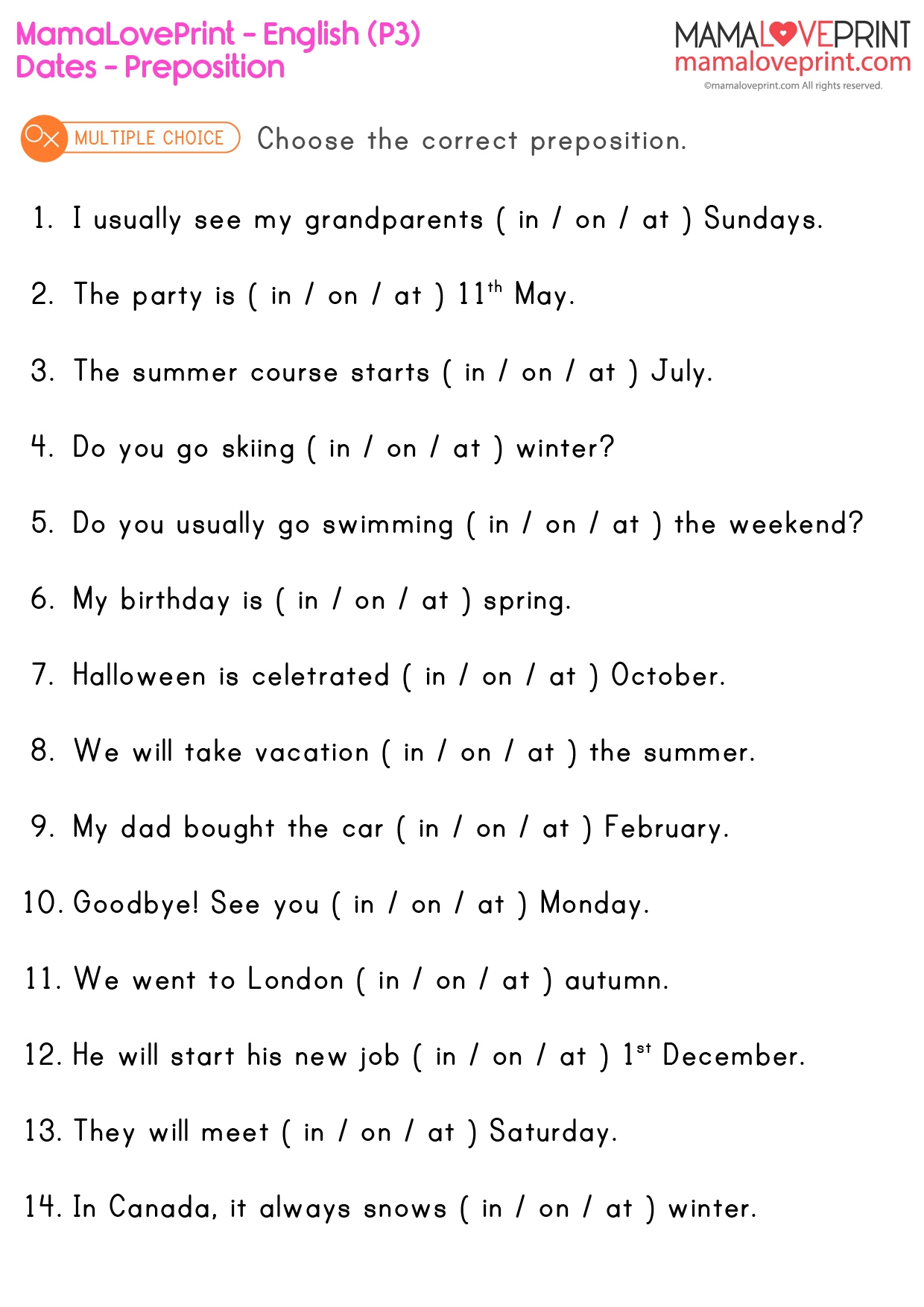 MamaLovePrint Grade 3 English Worksheets Grammar Preposition 