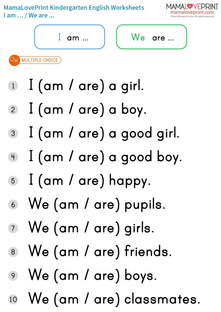 MamaLovePrint K3 English Worksheets Basic Grammar Pronoun And BE I Am We Are PDF Free Download