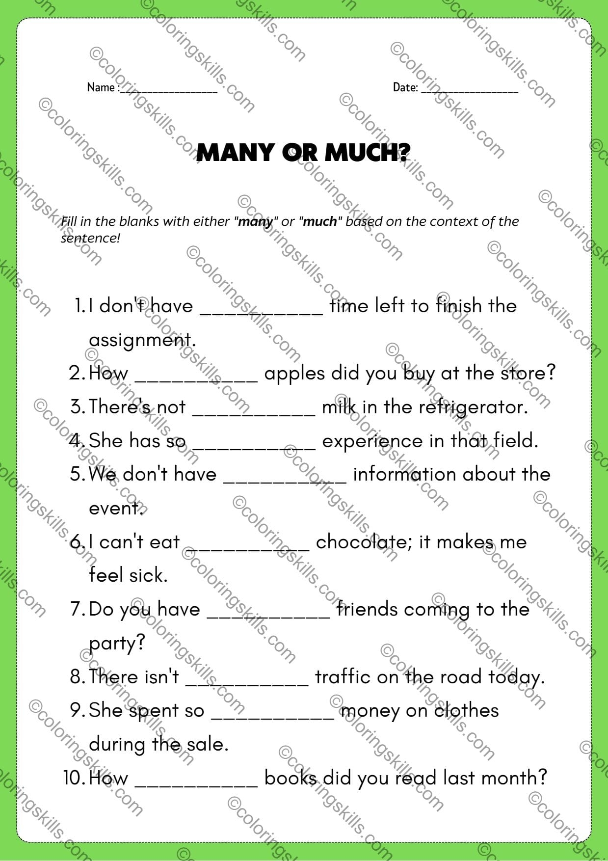 Many Or Much Exercise Grammar Worksheets Grammar Practice