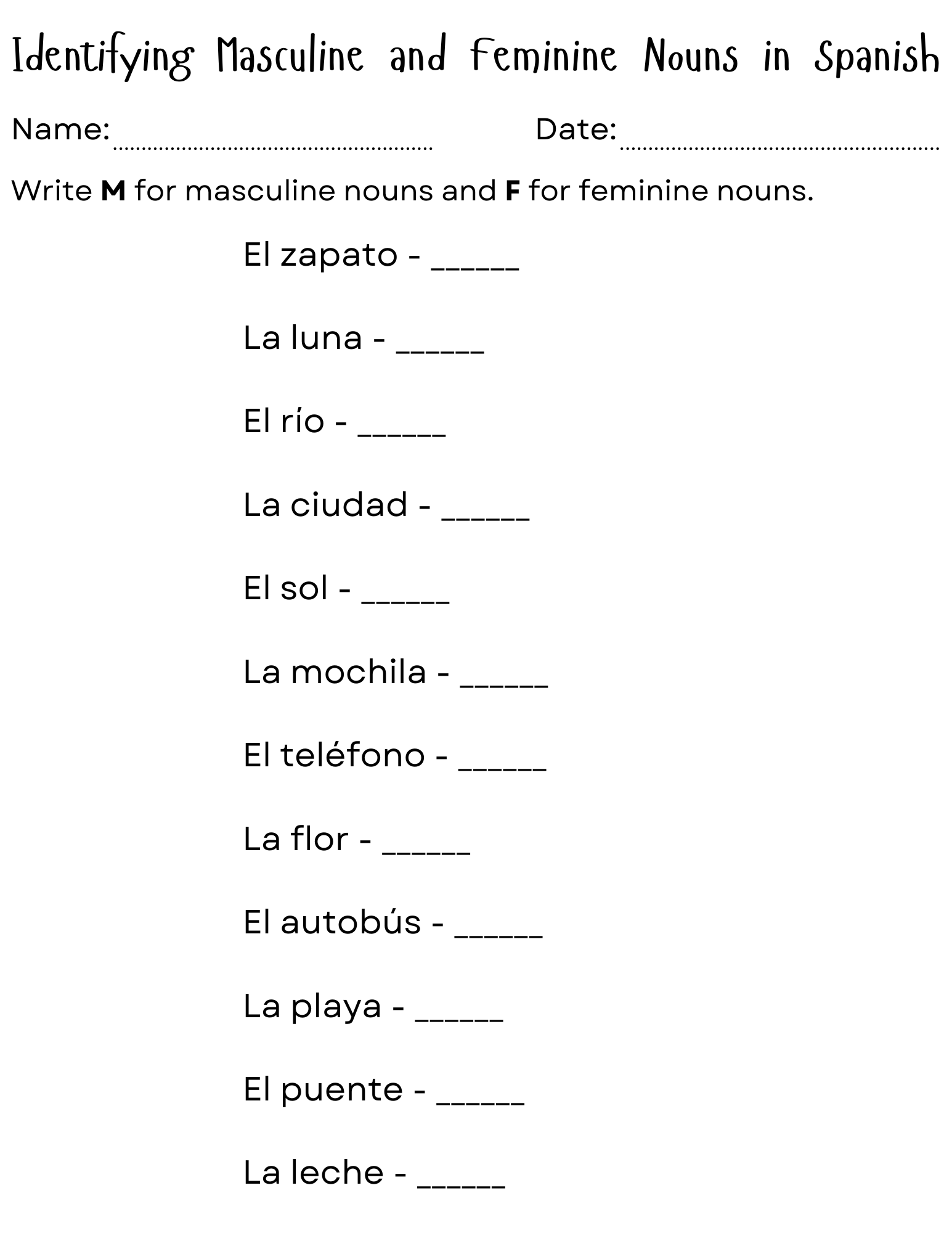 Masculine And Feminine Nouns In Spanish Worksheet Teaching Resources Masculine And Feminine Nouns In Spanish Worksheet Teaching Resources