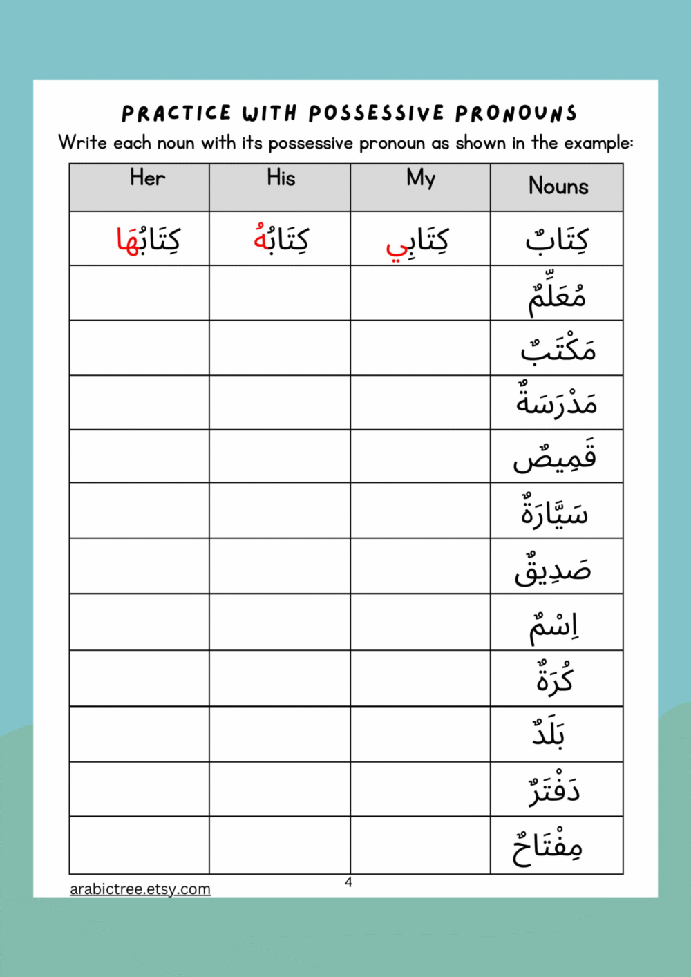 Master Arabic Possessive Pronouns Singular Dual Plural Arabic Grammar Worksheets Learnarabicworksheets