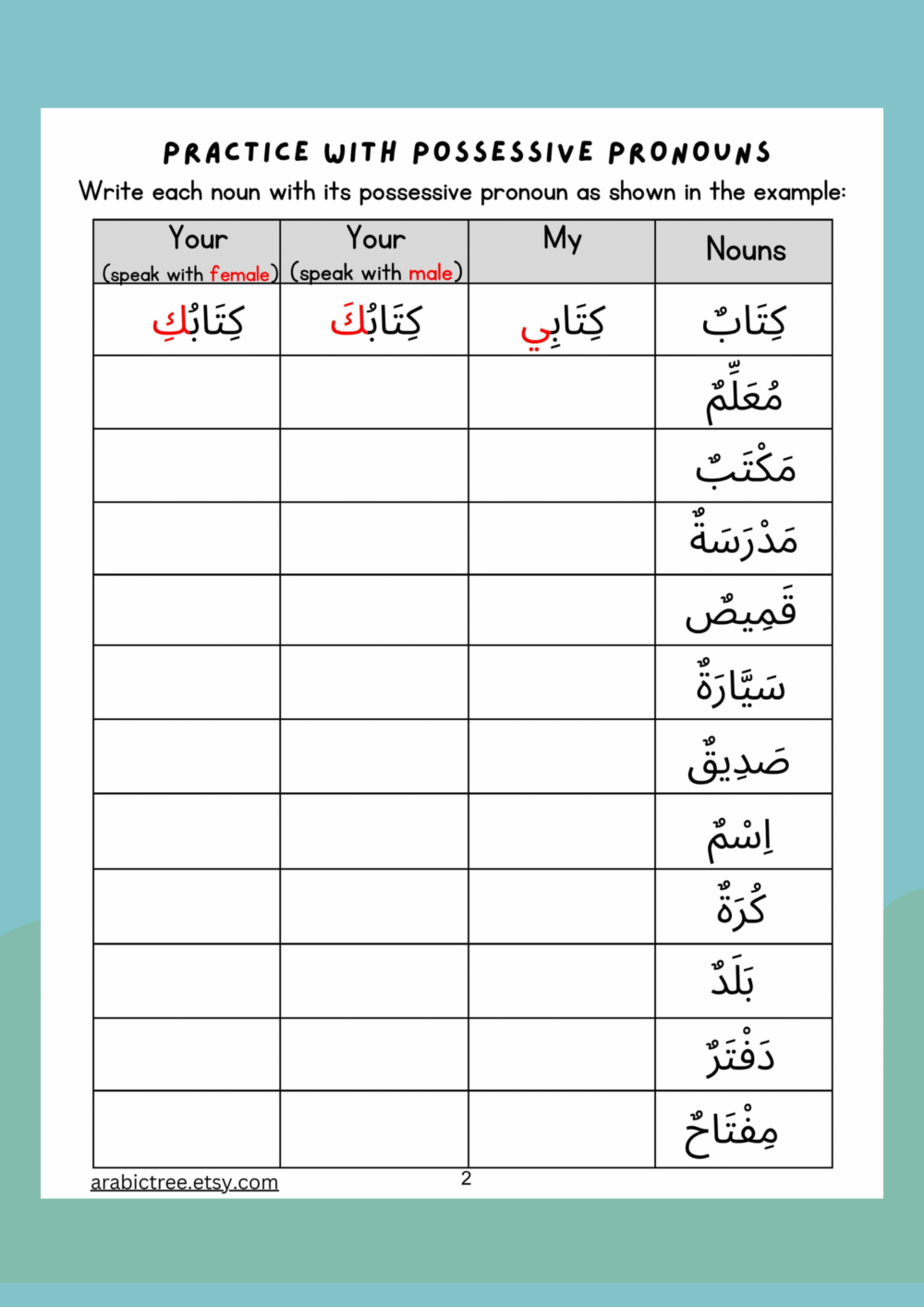 Master Arabic Possessive Pronouns Singular Dual U0026 Plural Arabic Grammar Worksheets