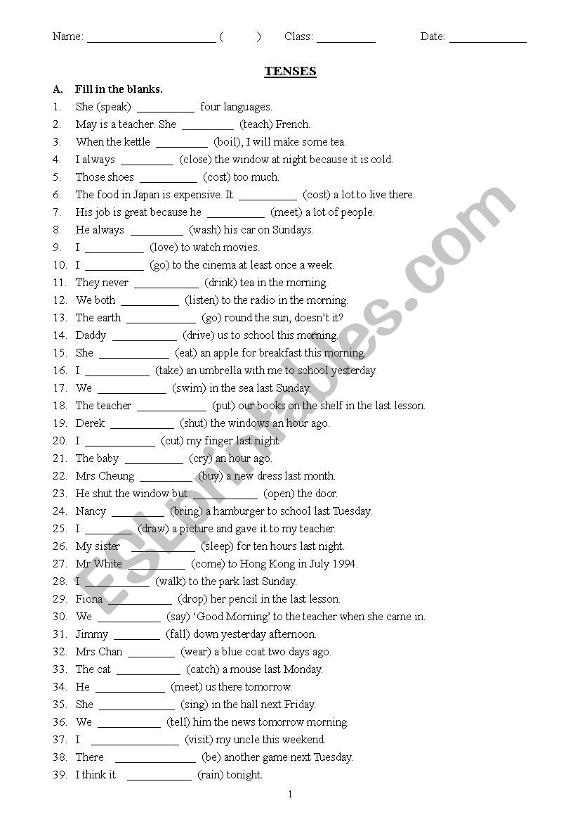 Grammar Tenses Worksheets With Answers