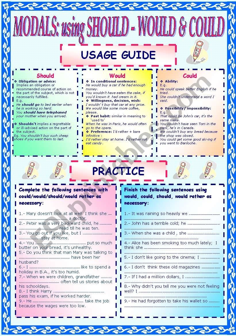 MODALS SHOULD WOULD U0026 COULD USAGE GUIDE AND PRACTICE ESL Worksheet By Stellam MODALS SHOULD WOULD U0026 COULD USAGE GUIDE AND PRACTICE ESL Worksheet By Stellam