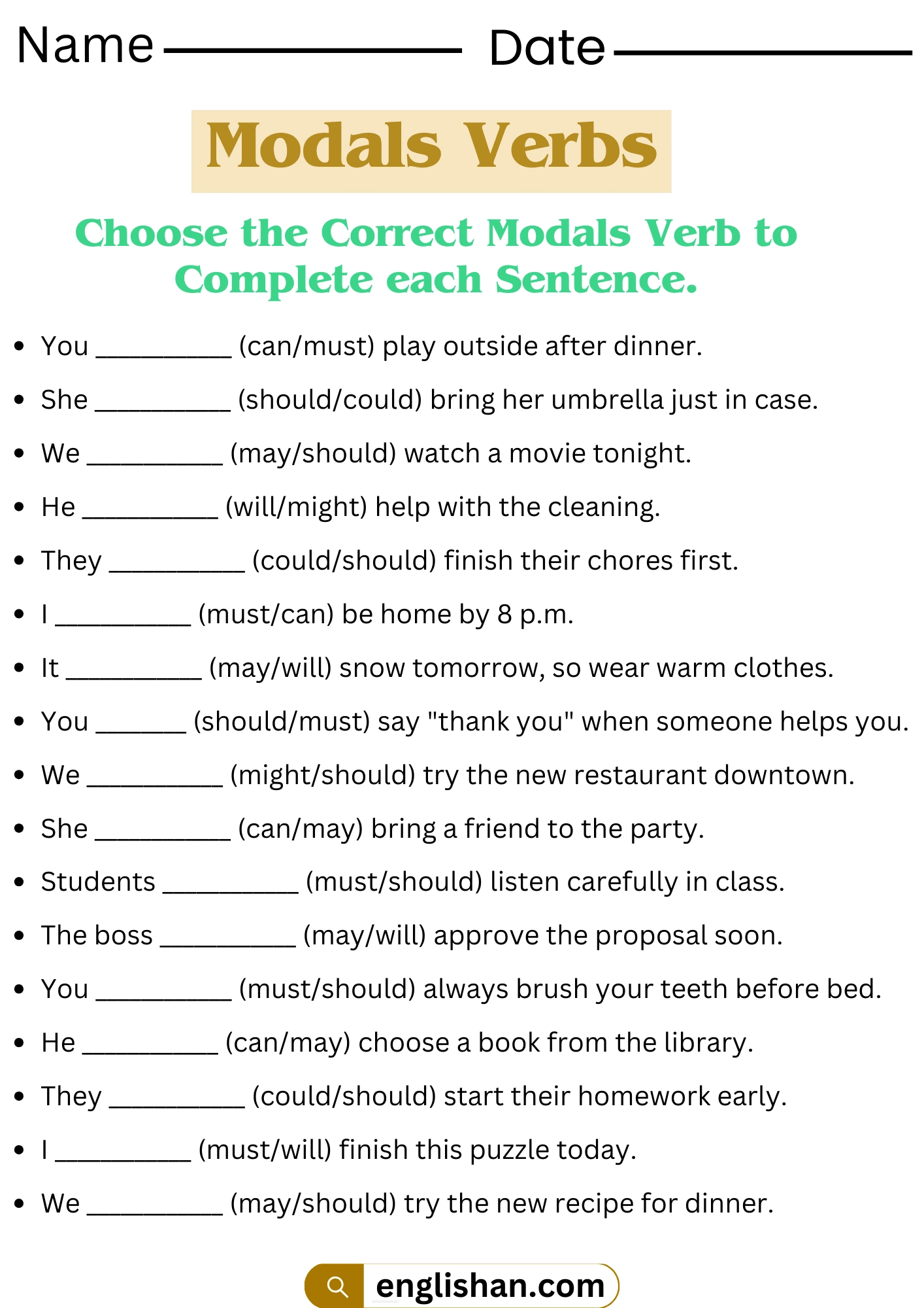 Modals Verbs Exercises With Answers In English