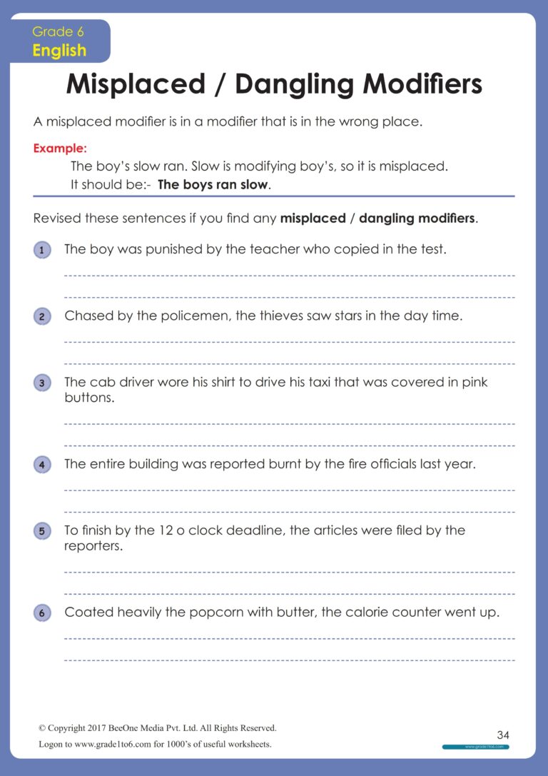 Modifiers Displaced And Dangling Worksheet Grade1to6