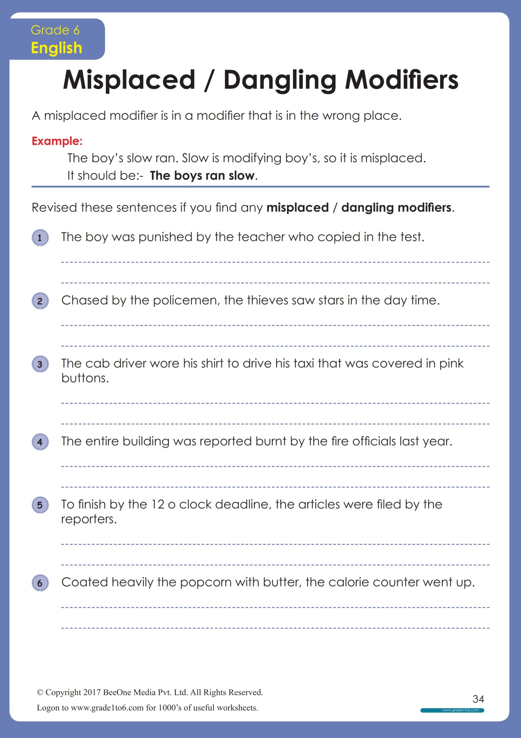 Modifiers Displaced And Dangling Worksheet Grade1to6 Modifiers Displaced And Dangling Worksheet Grade1to6