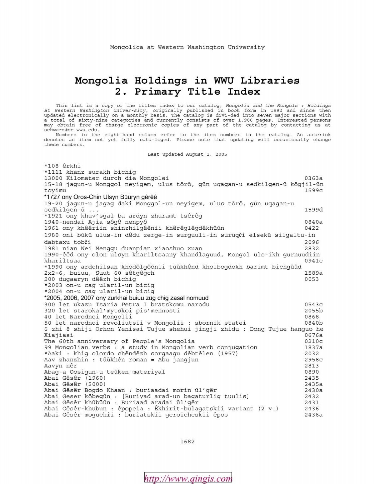 Mongolia Holdings In WWU Libraries 2 Primary Title Index