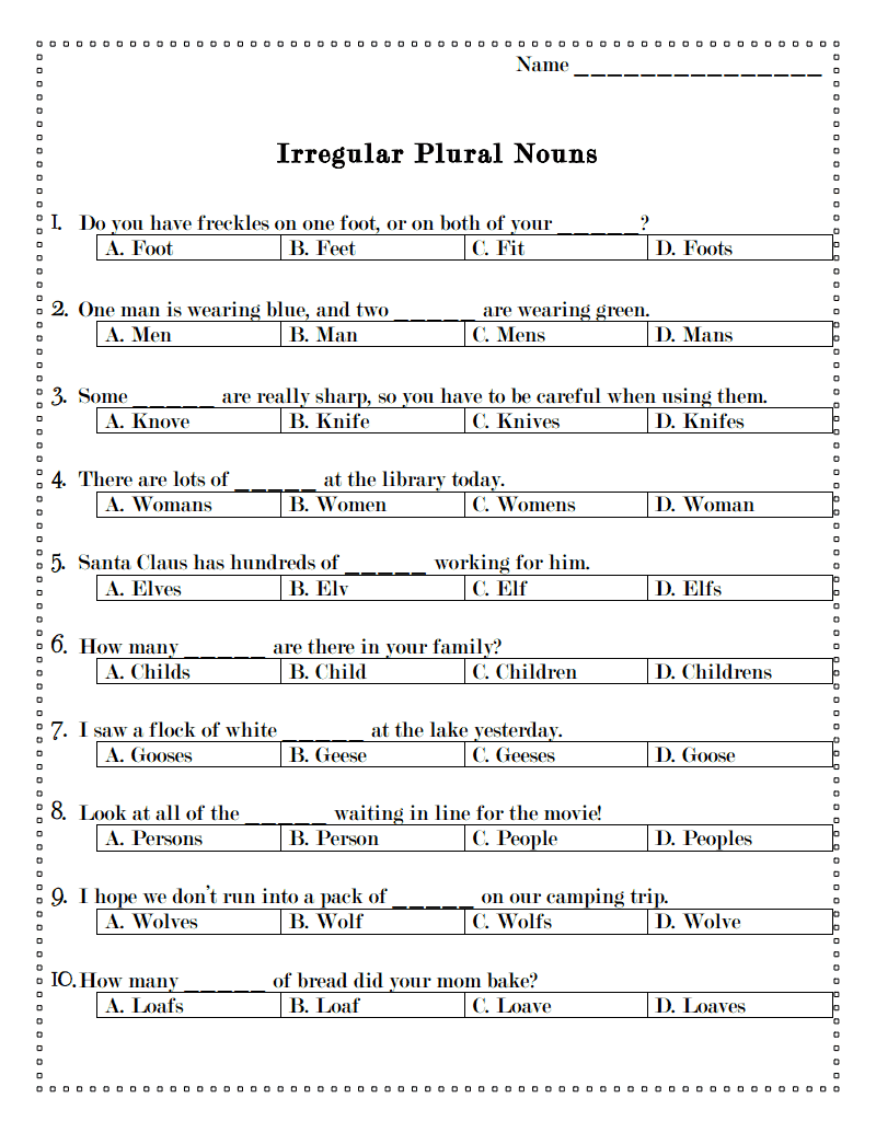 Grammar Worksheets Plural Nouns