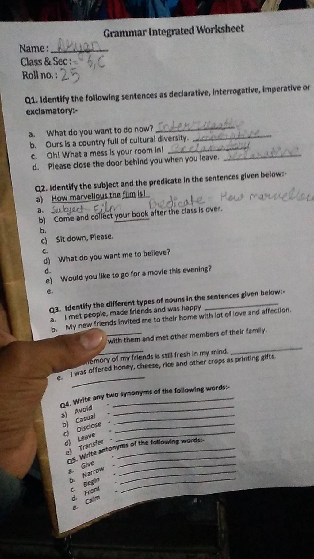 Name Grammar Integrated Worksheet Class Sec quad 6 C Roll 