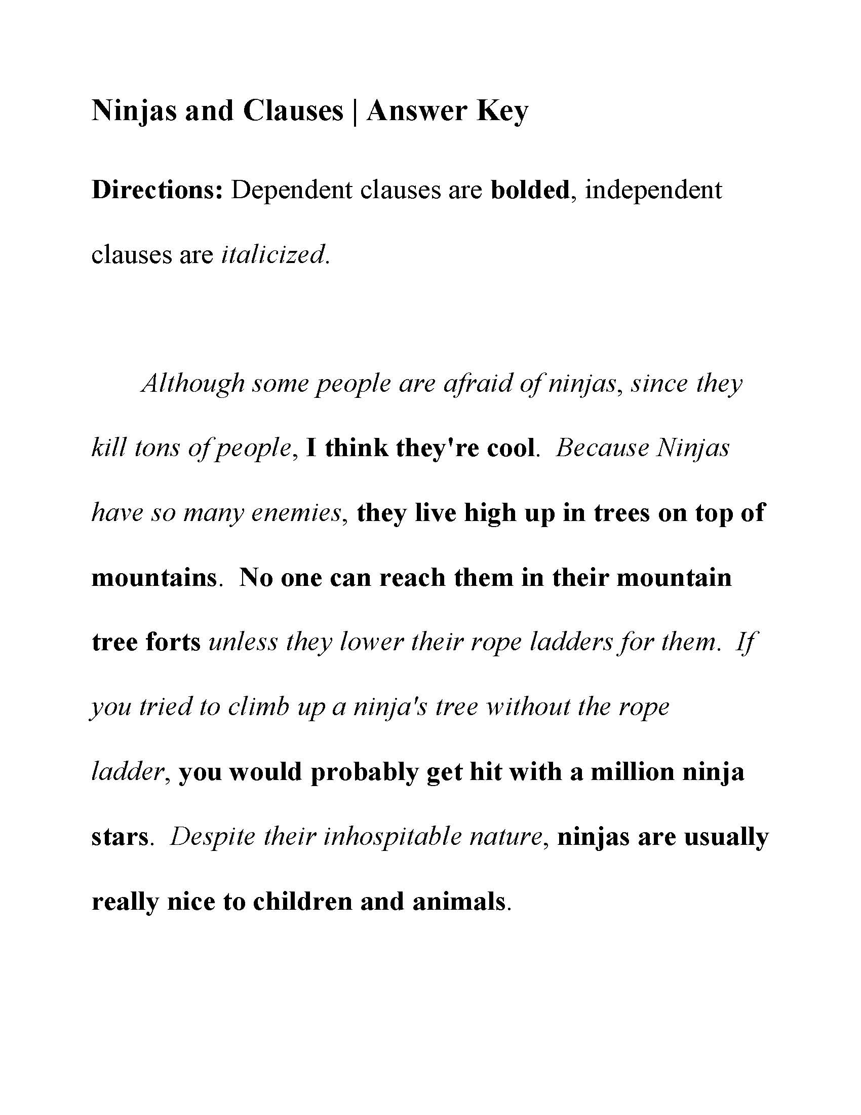 Ninjas And Clauses Activity Sentence Structure Activity