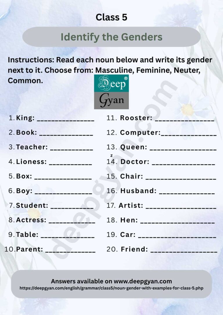 Noun Gender For Class 5 Masculine Feminine Common Neuter