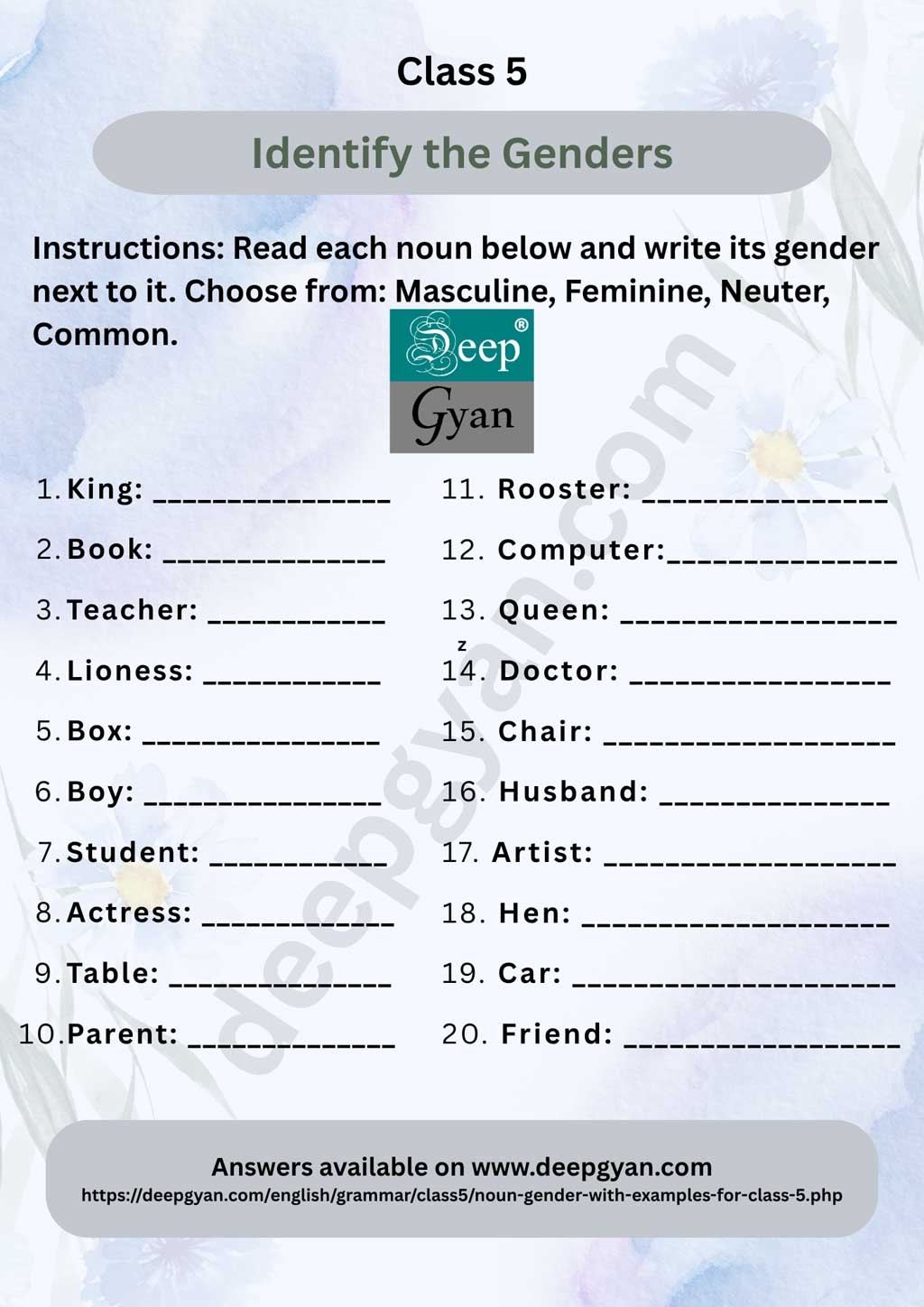 Noun Gender For Class 5 Masculine Feminine Common Neuter