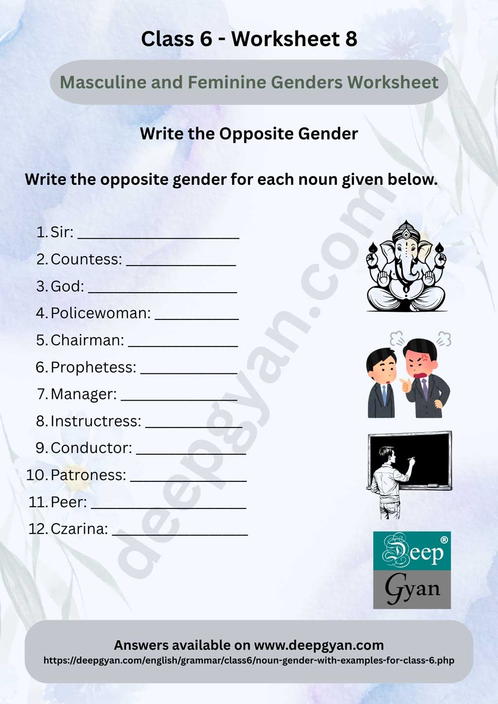 Noun Gender For Class 6 NCERT CBSE PDF Worksheets With Answers